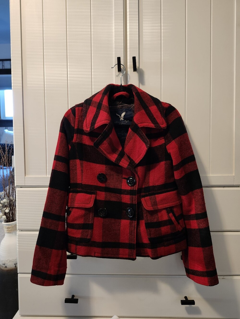 American Eagle Wool Women’s Red & Black Plaid Peacoat Jacket Sz XS